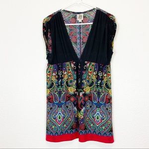 Ivy Jane Sleeveless Blouse Black Top Deep -V-Neck Multi-color Boho Pattern S